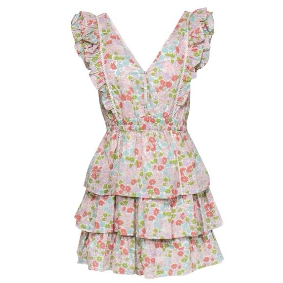 NWT Anthropologie Love The Label Ines Ivory Floral Tiered Ruffle Mini Dress - Picture 1 of 9